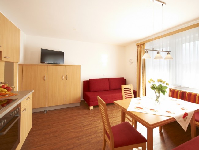 Gemütliche Wohnküche mit Küchenzeile, Esstisch und Couch